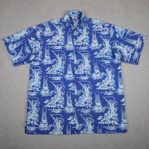 Rum Reggae Shirt Mens Large Blue Camp Button Up Deep Sea Fishing Marlin Seaplane